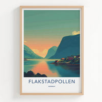 Flakstadpollen Poster - Norway Travel Art - Fjord village sunset Home Decor