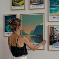 Flakstadpollen Poster - Norway Travel Art - Fjord village sunset Home Decor