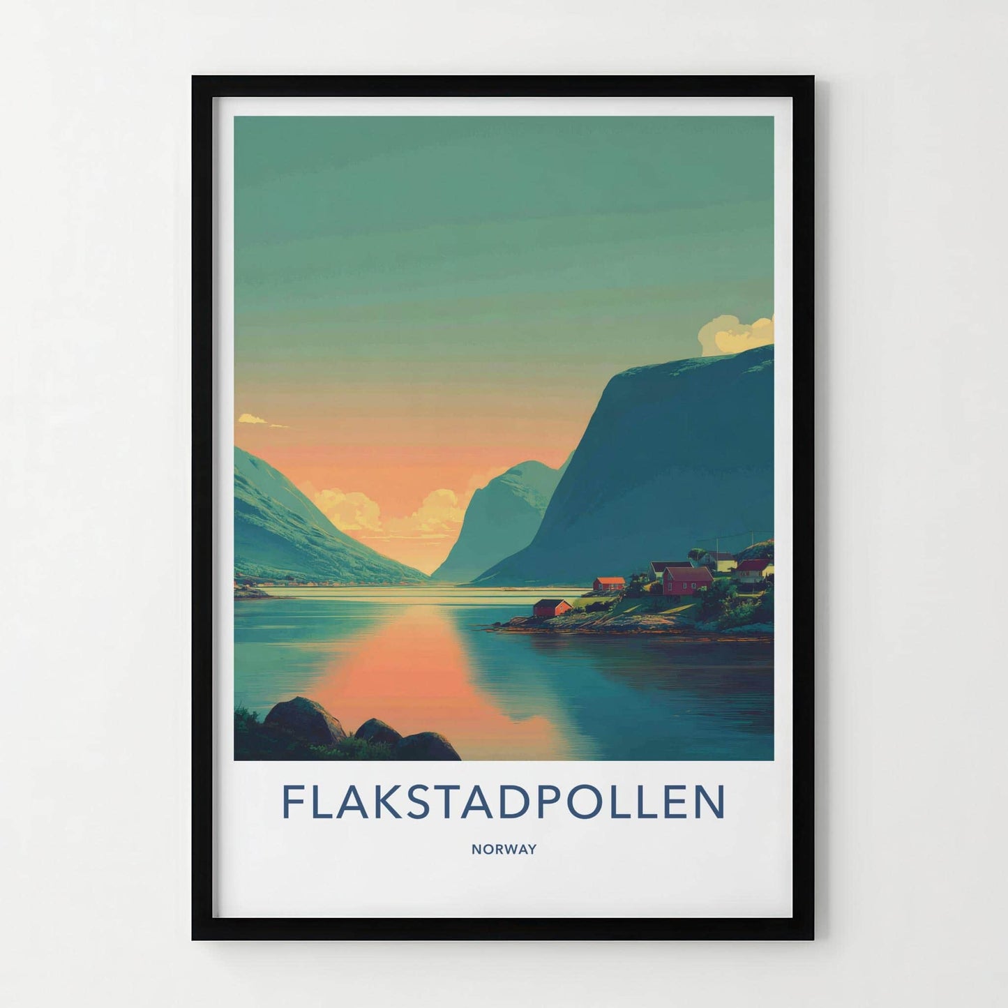 Flakstadpollen Poster - Norway Travel Art - Fjord village sunset Home Decor
