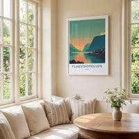 Flakstadpollen Poster - Norway Travel Art - Fjord village sunset Home Decor