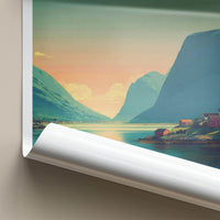 Flakstadpollen Poster - Norway Travel Art - Fjord village sunset Home Decor