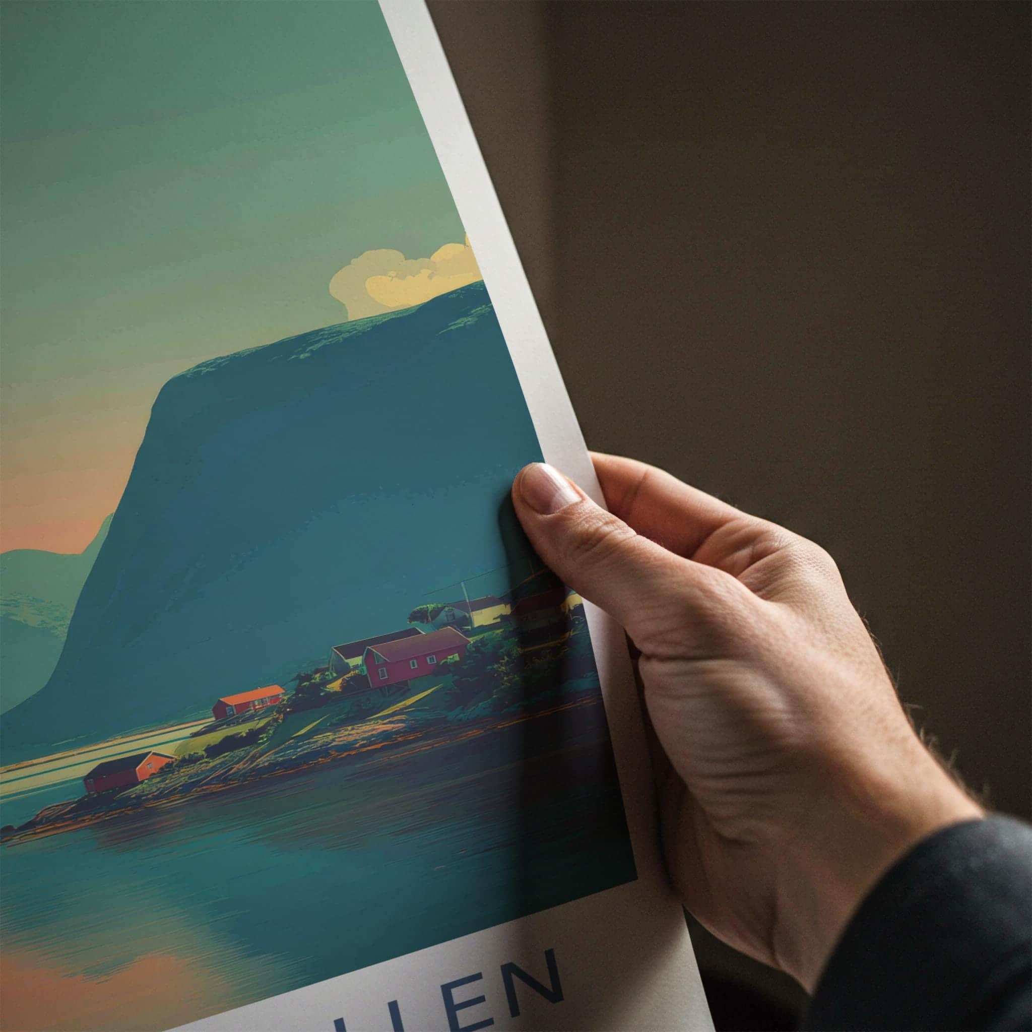 Flakstadpollen Poster - Norway Travel Art - Fjord village sunset Home Decor
