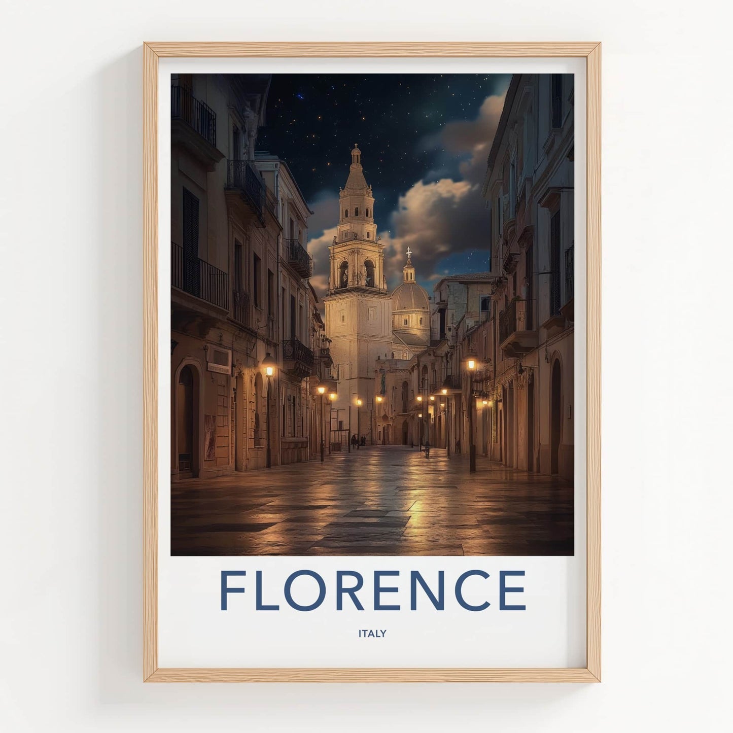 Florence Poster - Italy Travel Art - Illuminated Church Street Wall Decor