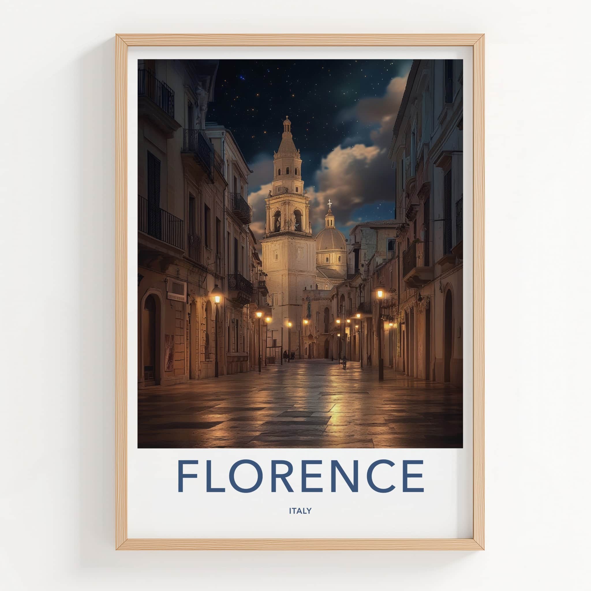 Florence Poster - Italy Travel Art - Illuminated Church Street Wall Decor