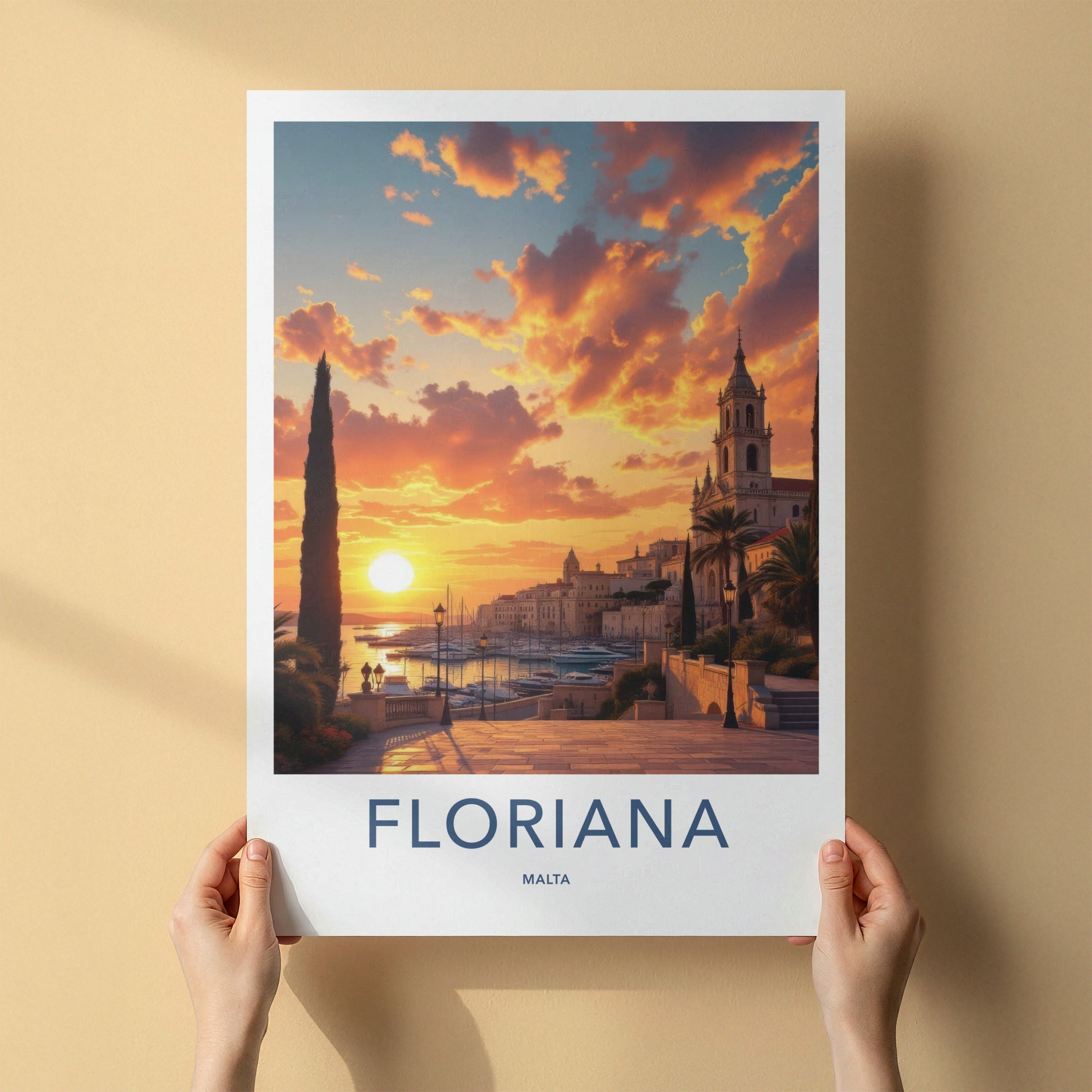 Floriana Poster - Malta Art Print - Coastal Sunset Church Wall Decor
