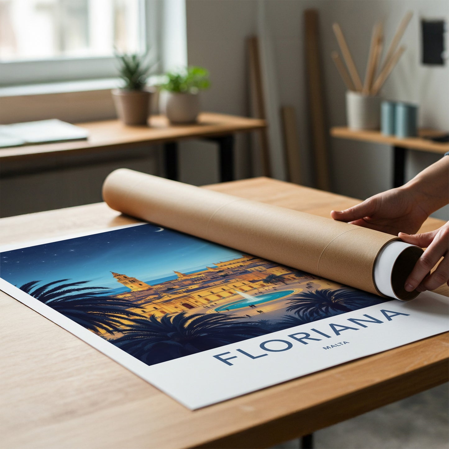 Floriana Poster - Malta Travel Art - Moonlit City Square Home Decor