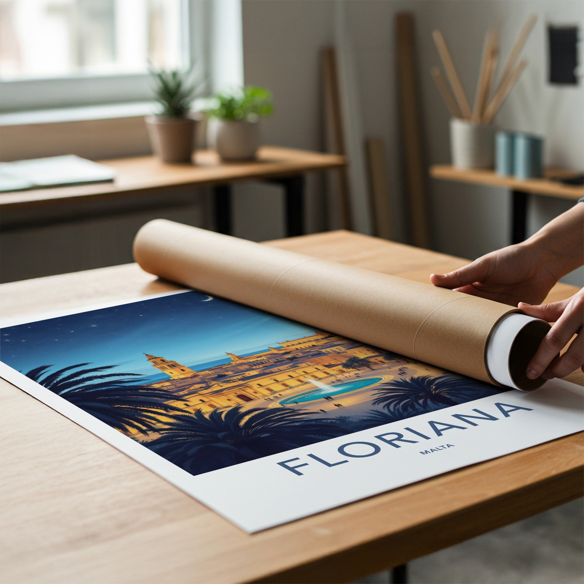 Floriana Poster - Malta Travel Art - Moonlit City Square Home Decor