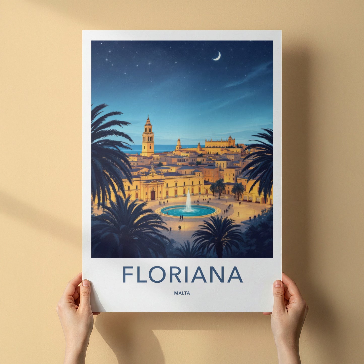 Floriana Poster - Malta Travel Art - Moonlit City Square Home Decor