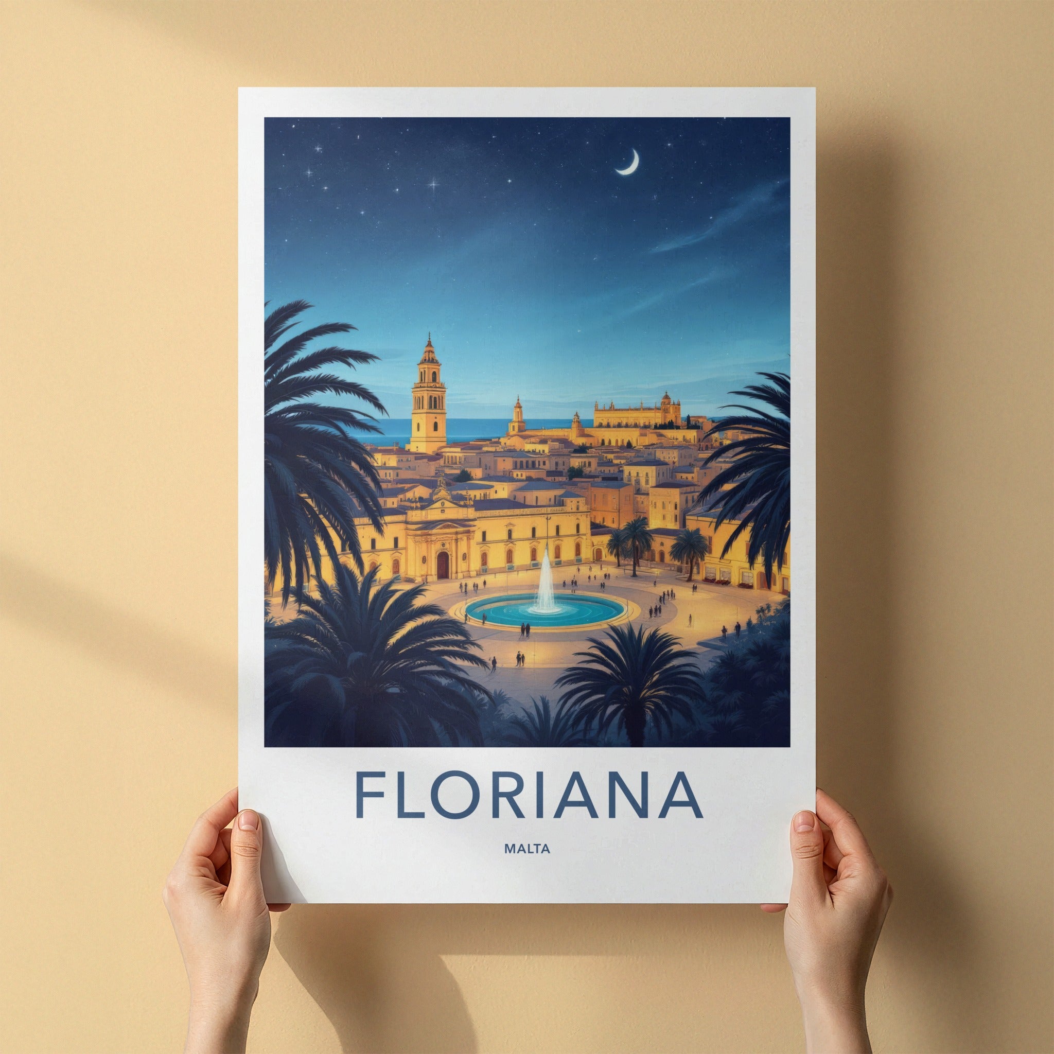 Floriana Poster - Malta Travel Art - Moonlit City Square Home Decor
