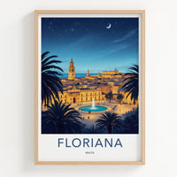 Floriana Poster - Malta Travel Art - Moonlit City Square Home Decor