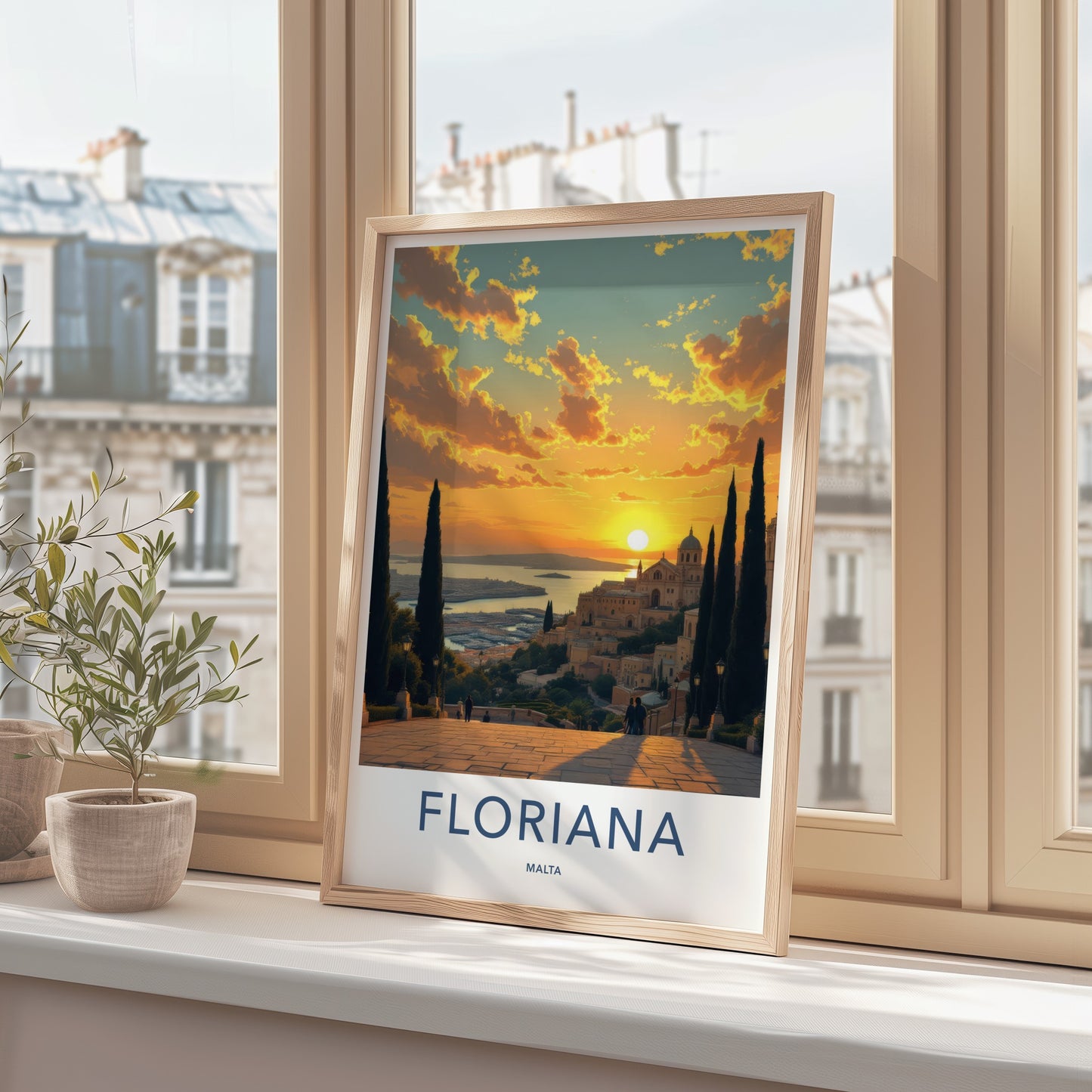 Floriana Poster - Malta Travel Art - Vibrant Sunset Harbor View Home Decor