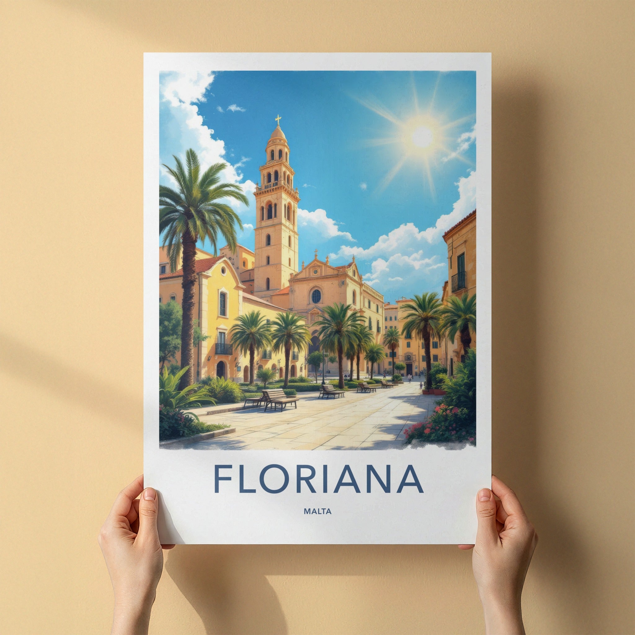 Floriana Poster - Malta Travel Print - Historic Church Square Wall Decor