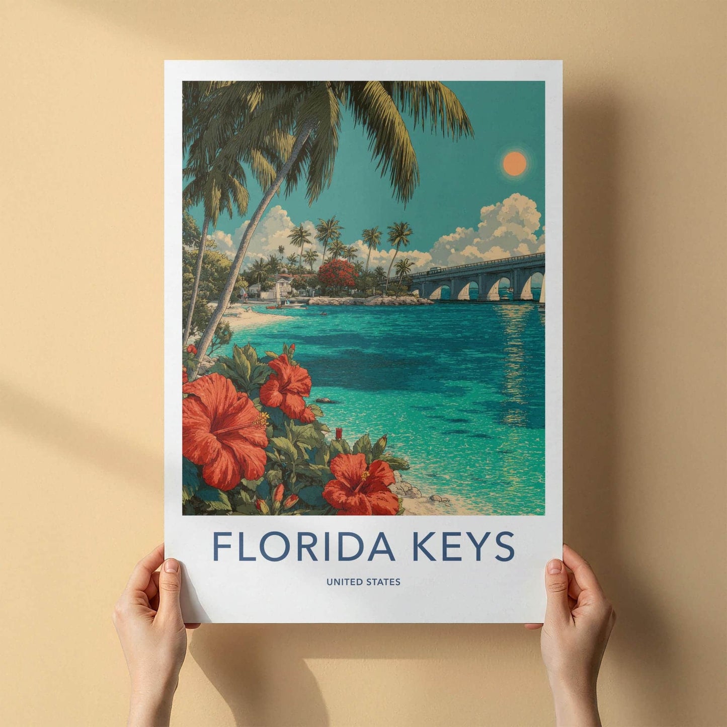 Florida Keys Poster - Florida Travel Art - Tropical Beach Bridge Home Decor