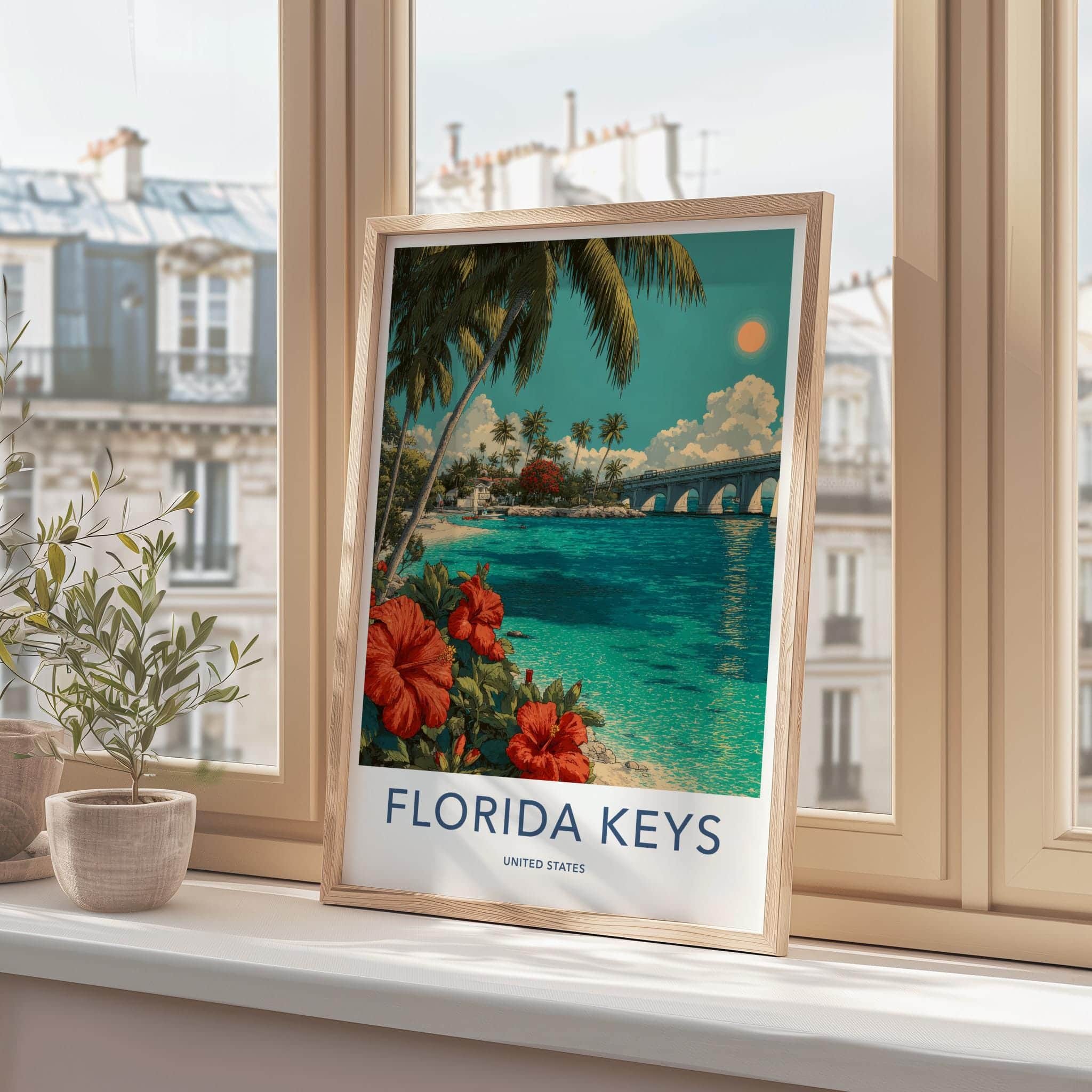 Florida Keys Poster - Florida Travel Art - Tropical Beach Bridge Home Decor