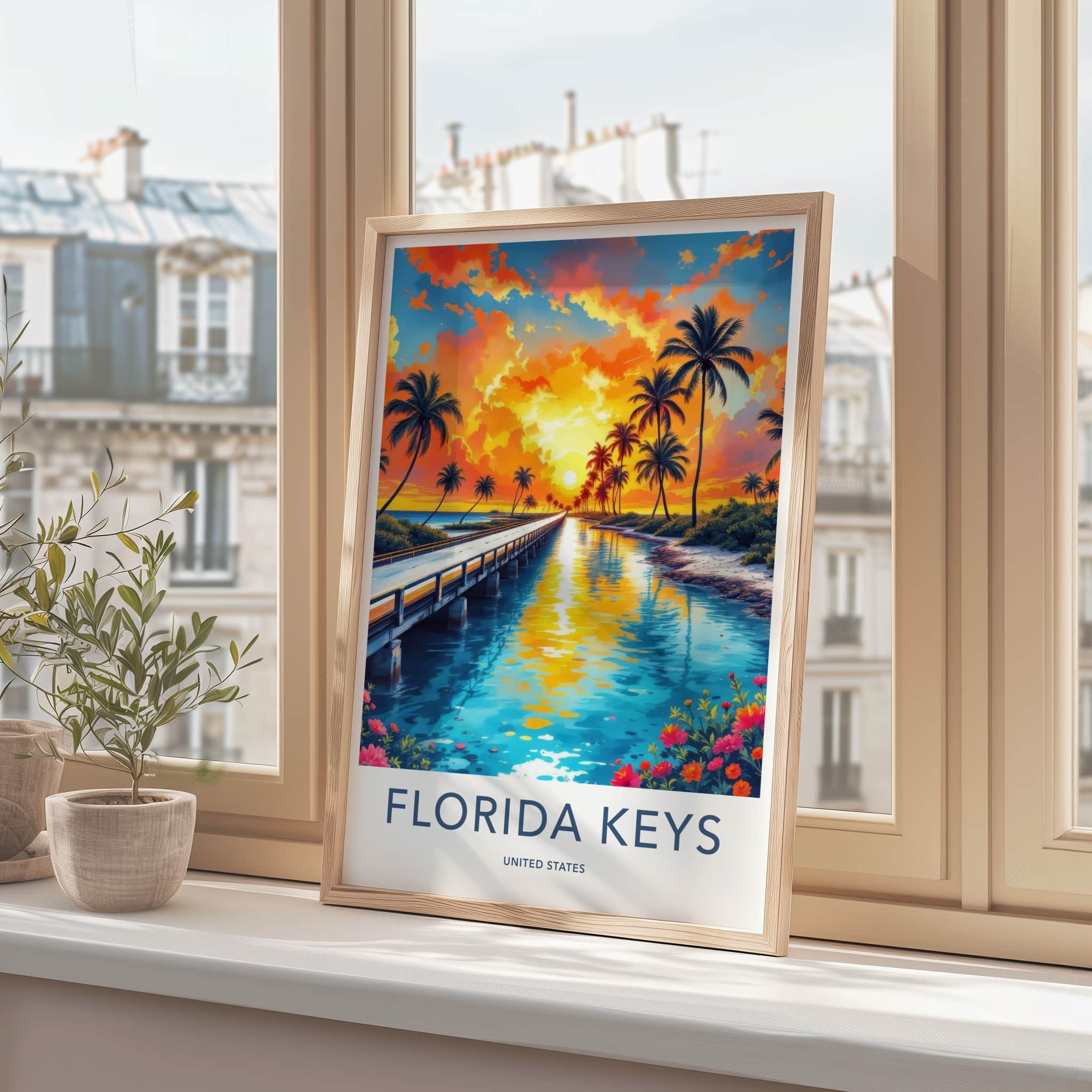 Florida Keys Poster - Florida Travel Art - Tropical Sunset Bridge Wall Decor