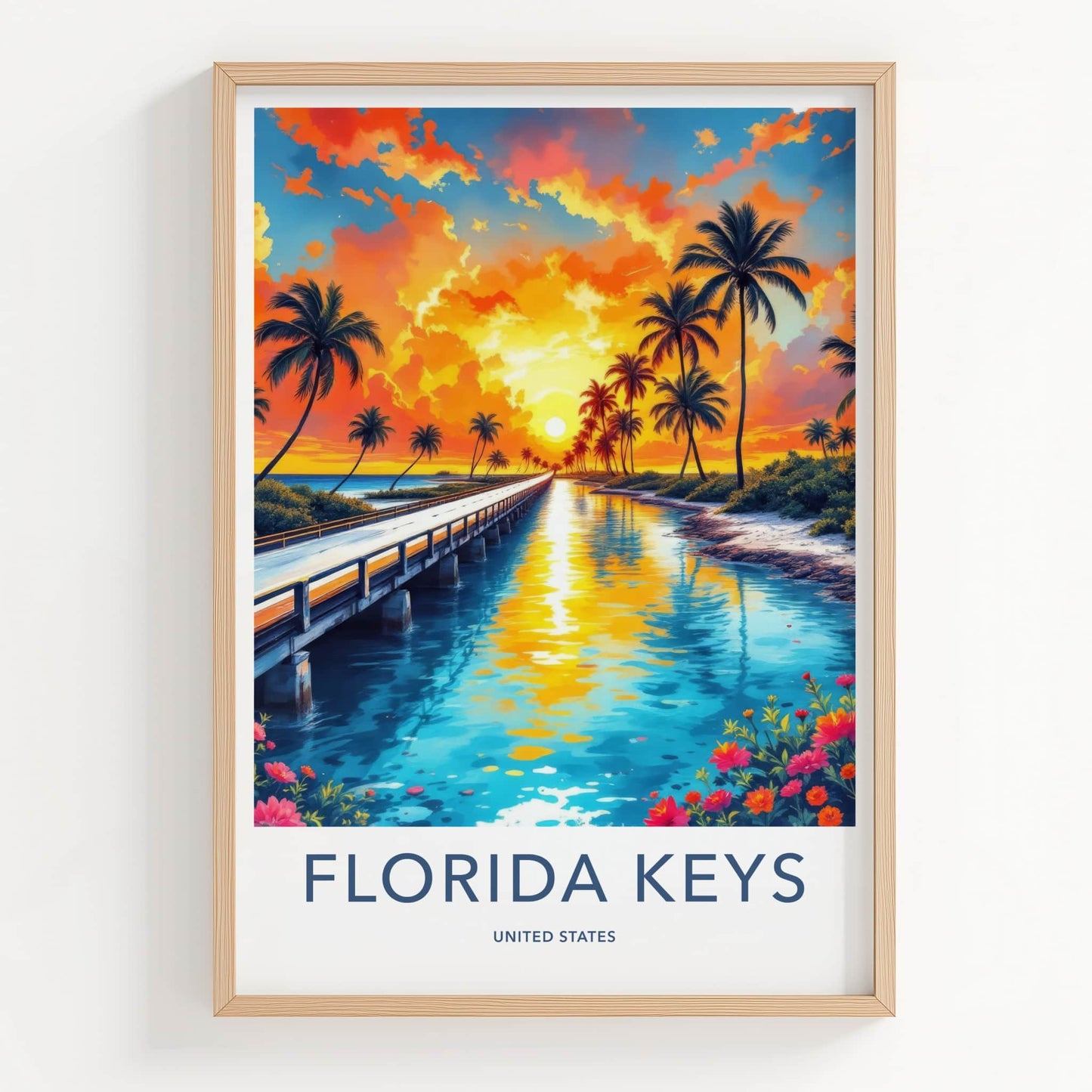 Florida Keys Poster - Florida Travel Art - Tropical Sunset Bridge Wall Decor