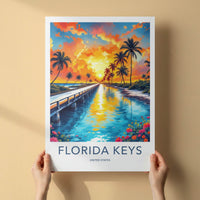 Florida Keys Poster - Florida Travel Art - Tropical Sunset Bridge Wall Decor