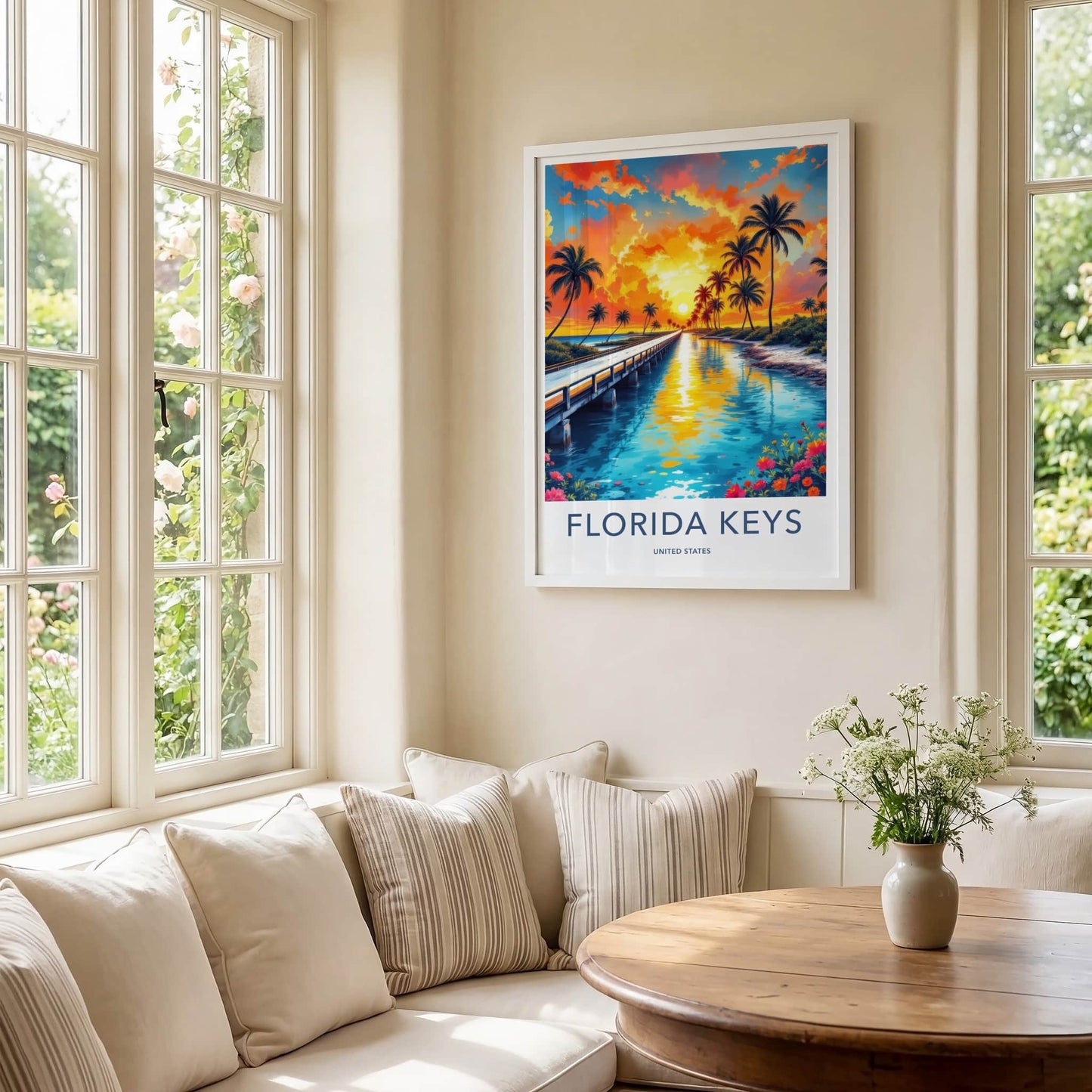 Florida Keys Poster - Florida Travel Art - Tropical Sunset Bridge Wall Decor