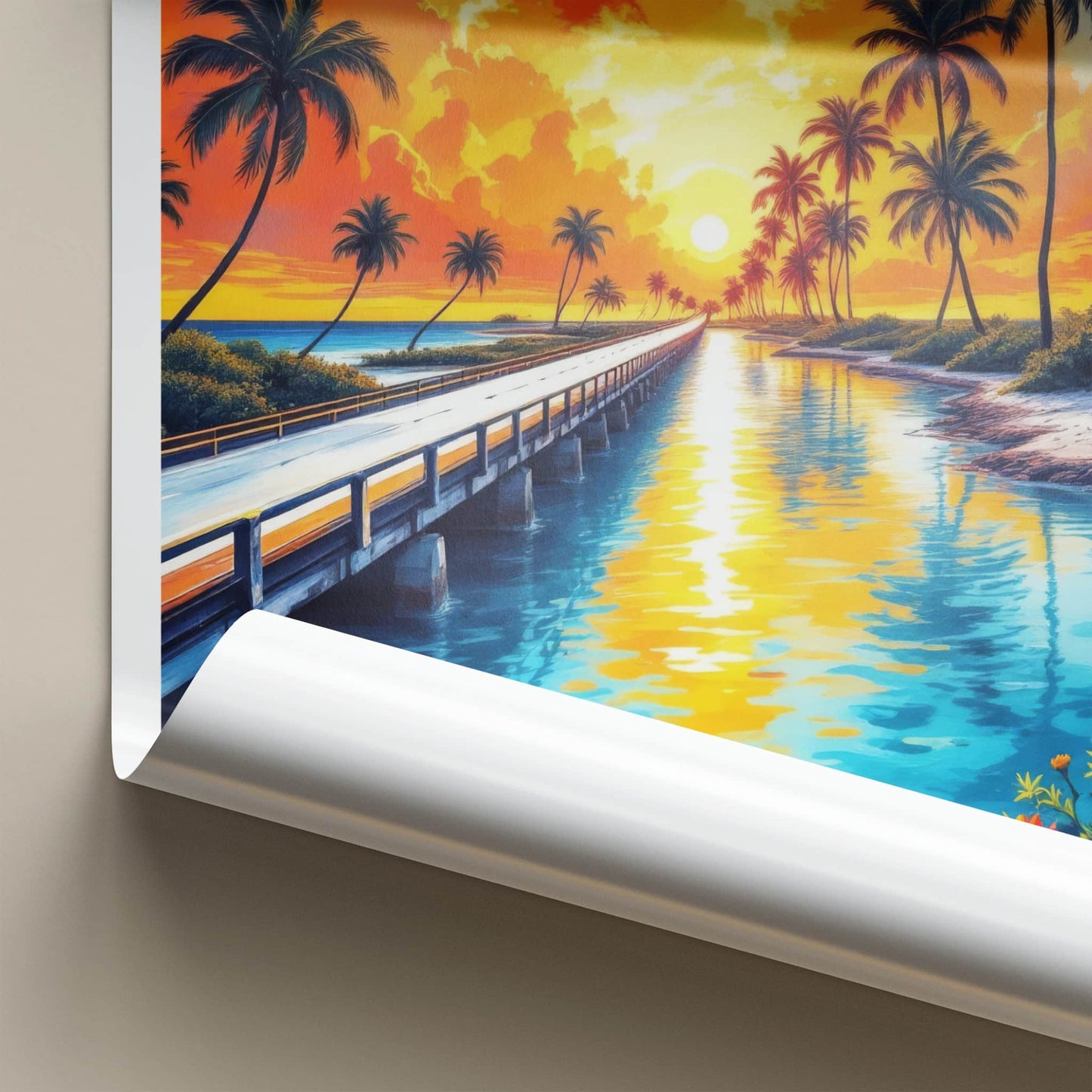 Florida Keys Poster - Florida Travel Art - Tropical Sunset Bridge Wall Decor