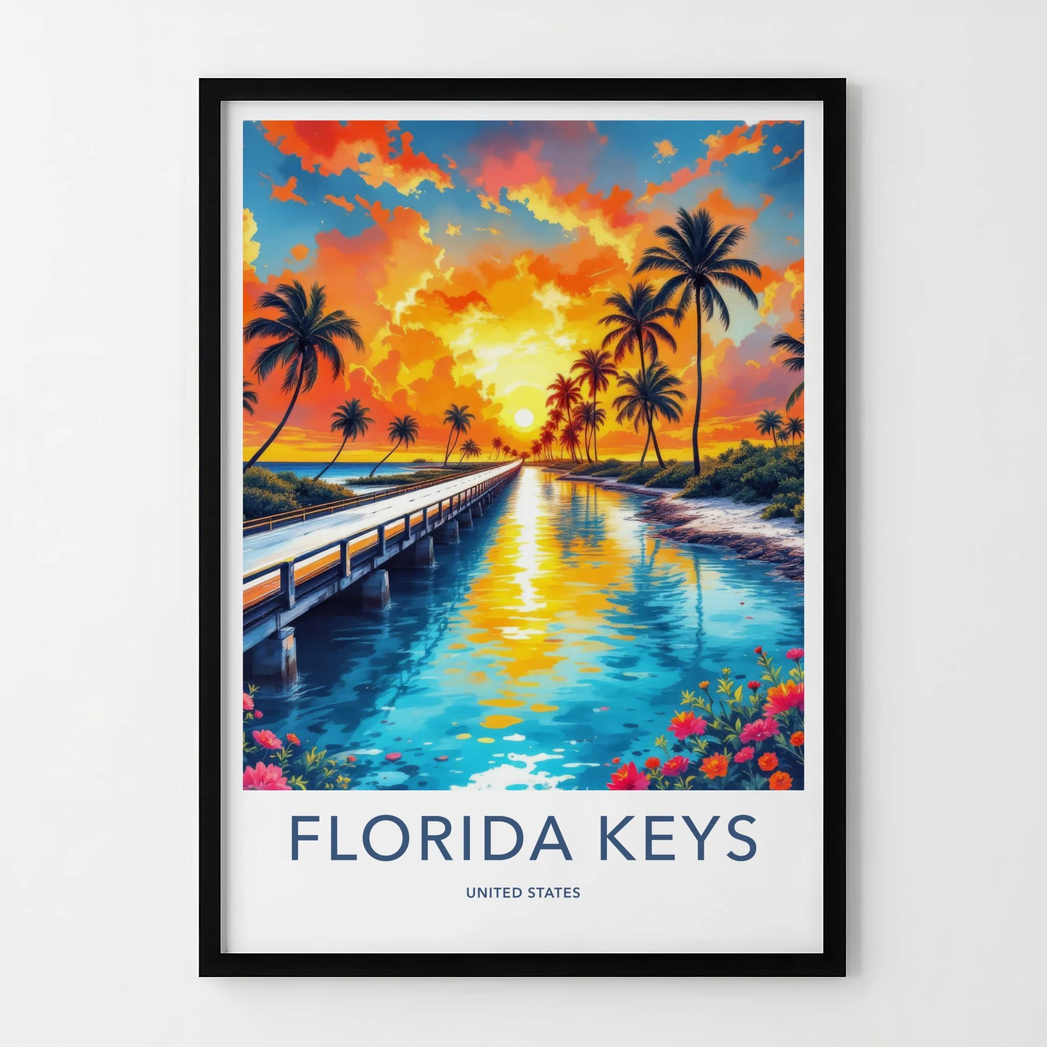 Florida Keys Poster - Florida Travel Art - Tropical Sunset Bridge Wall Decor