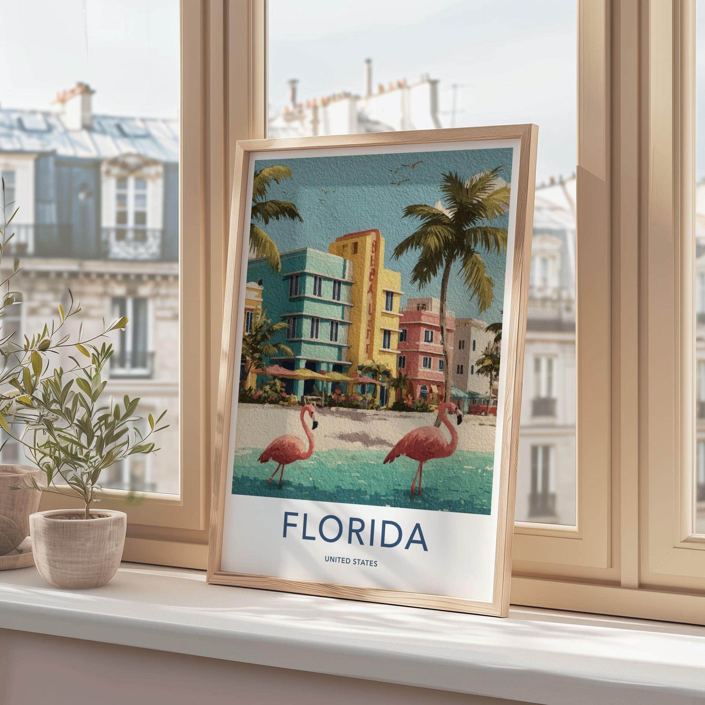 Florida Poster - Florida Travel Art - Art Deco Flamingos Wall Decor