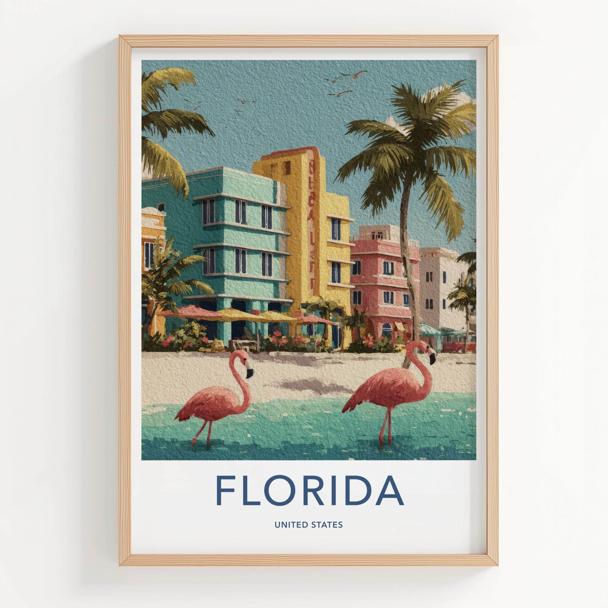 Florida Poster - Florida Travel Art - Art Deco Flamingos Wall Decor