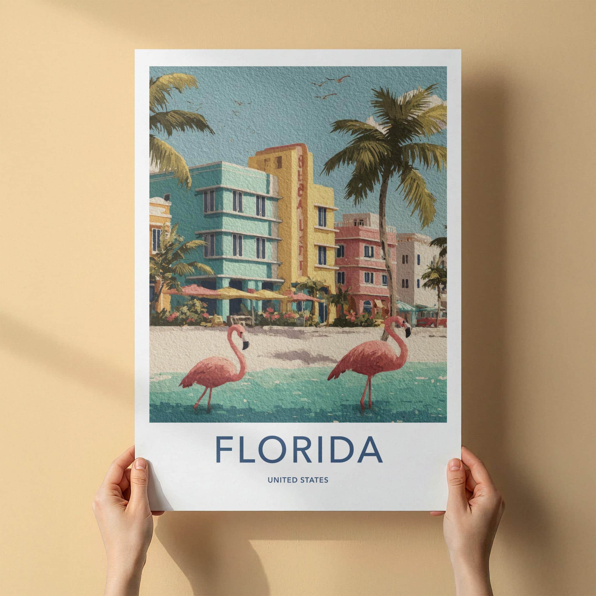 Florida Poster - Florida Travel Art - Art Deco Flamingos Wall Decor
