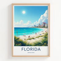 Florida Poster - Florida Travel Art - Sunny Coastal Cityscape Home Decor
