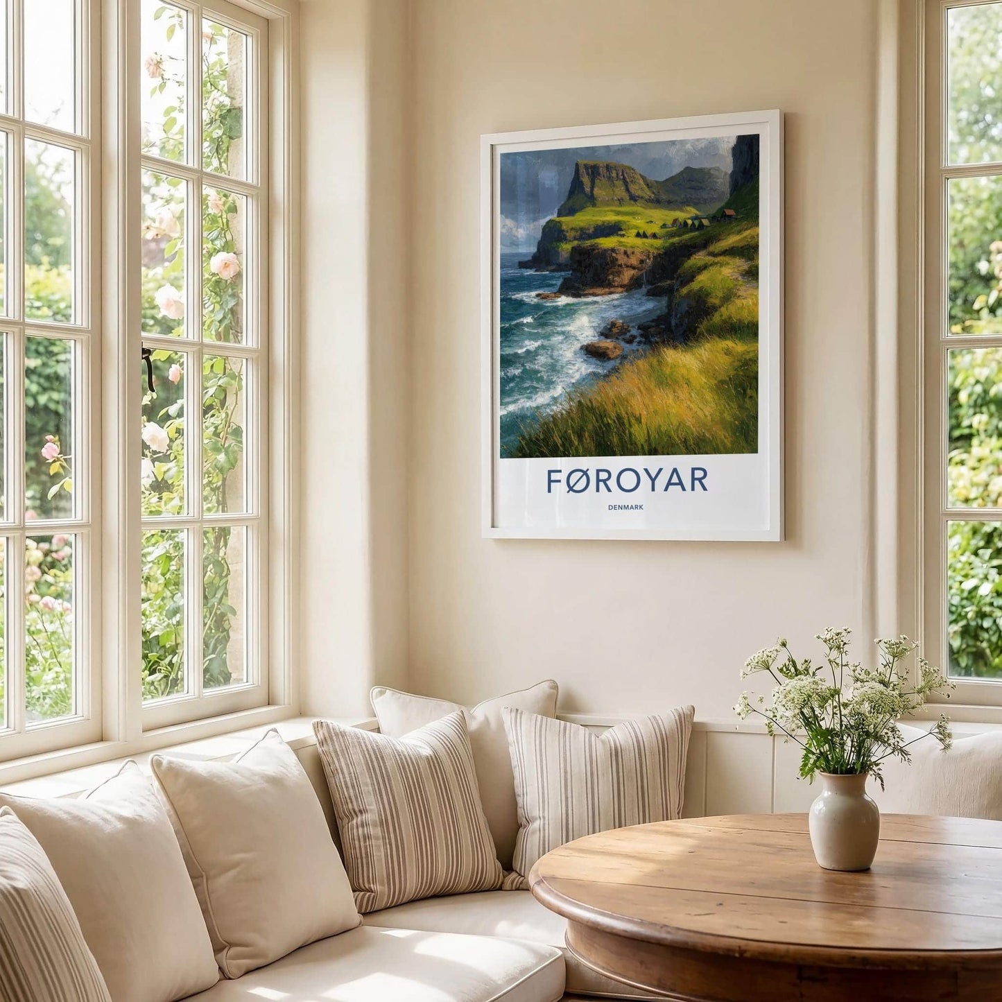 Foroyar Poster - Denmark Scenic Art - Emerald Coastal Village Wall Decor