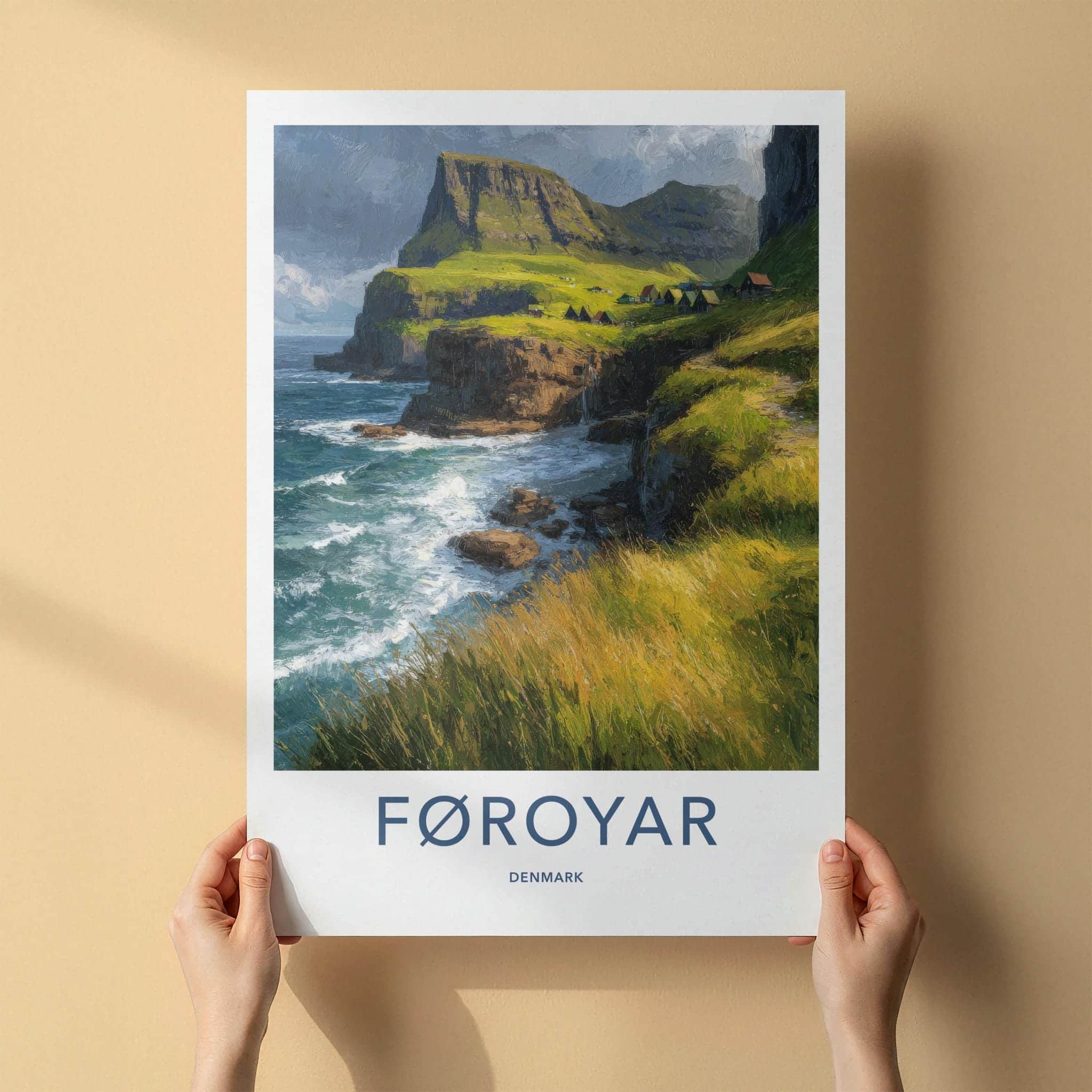 Foroyar Poster - Denmark Scenic Art - Emerald Coastal Village Wall Decor