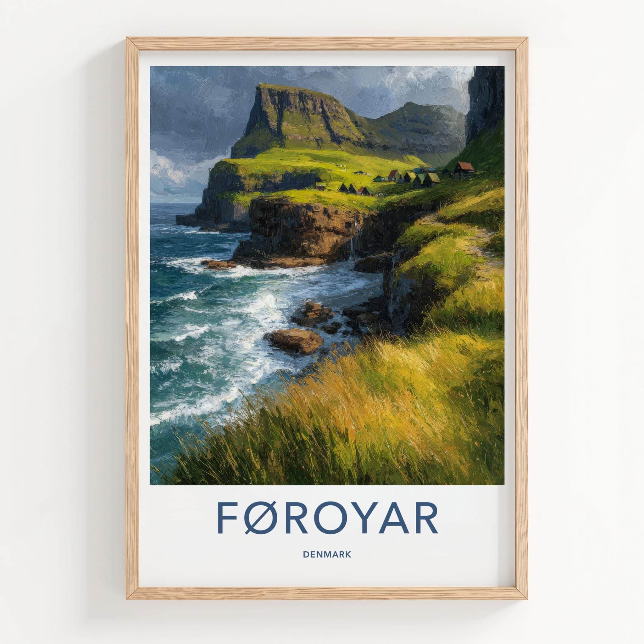 Foroyar Poster - Denmark Scenic Art - Emerald Coastal Village Wall Decor