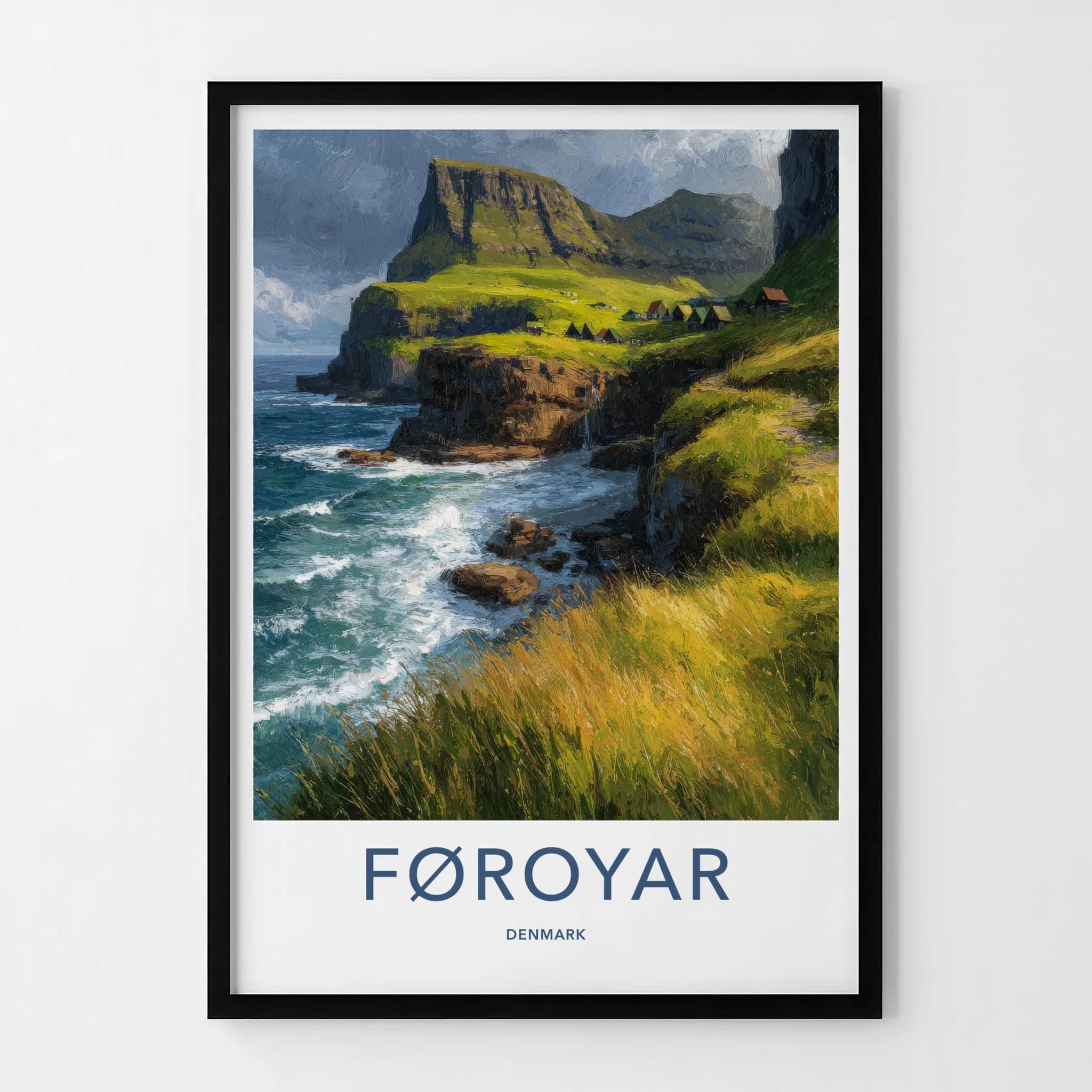 Foroyar Poster - Denmark Scenic Art - Emerald Coastal Village Wall Decor