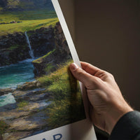 Foroyar Poster - Denmark Travel Art - Cliffside Village Waterfall Home Decor
