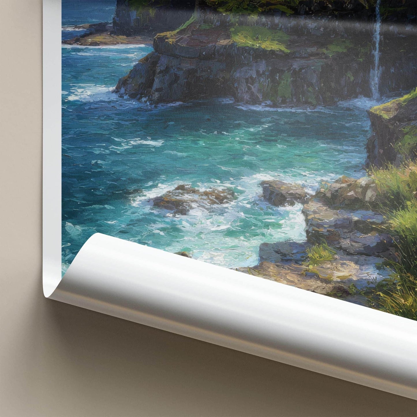 Foroyar Poster - Denmark Travel Art - Cliffside Village Waterfall Home Decor