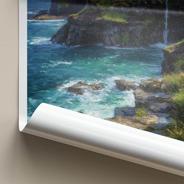 Foroyar Poster - Denmark Travel Art - Cliffside Village Waterfall Home Decor