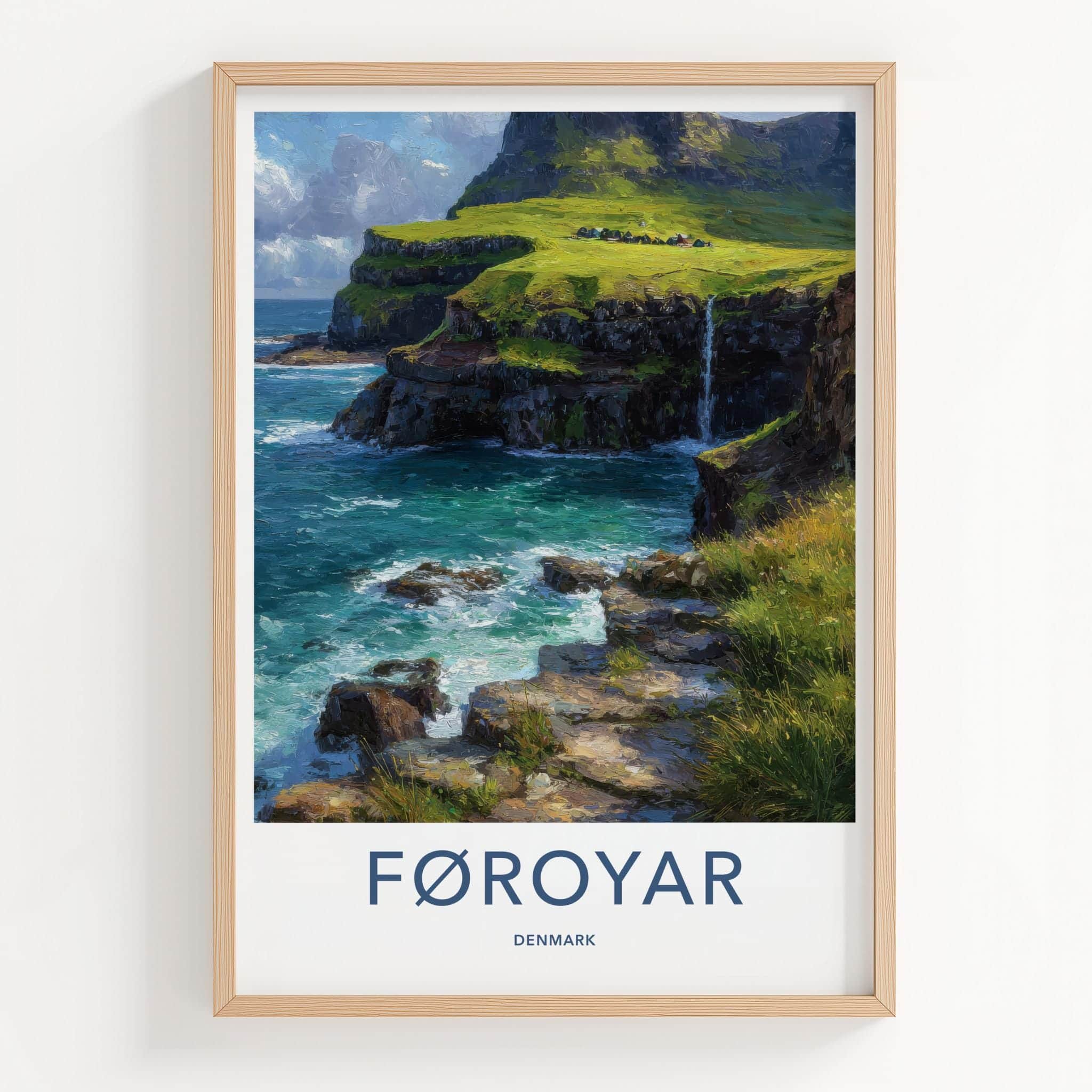Foroyar Poster - Denmark Travel Art - Cliffside Village Waterfall Home Decor