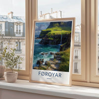 Foroyar Poster - Denmark Travel Art - Cliffside Village Waterfall Home Decor