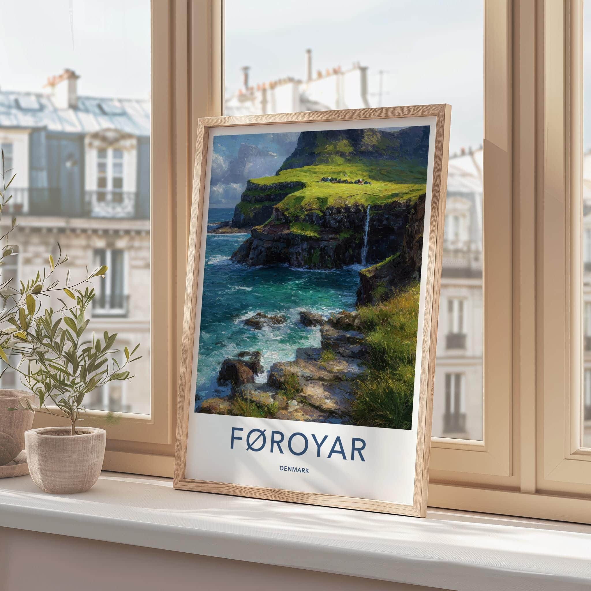Foroyar Poster - Denmark Travel Art - Cliffside Village Waterfall Home Decor