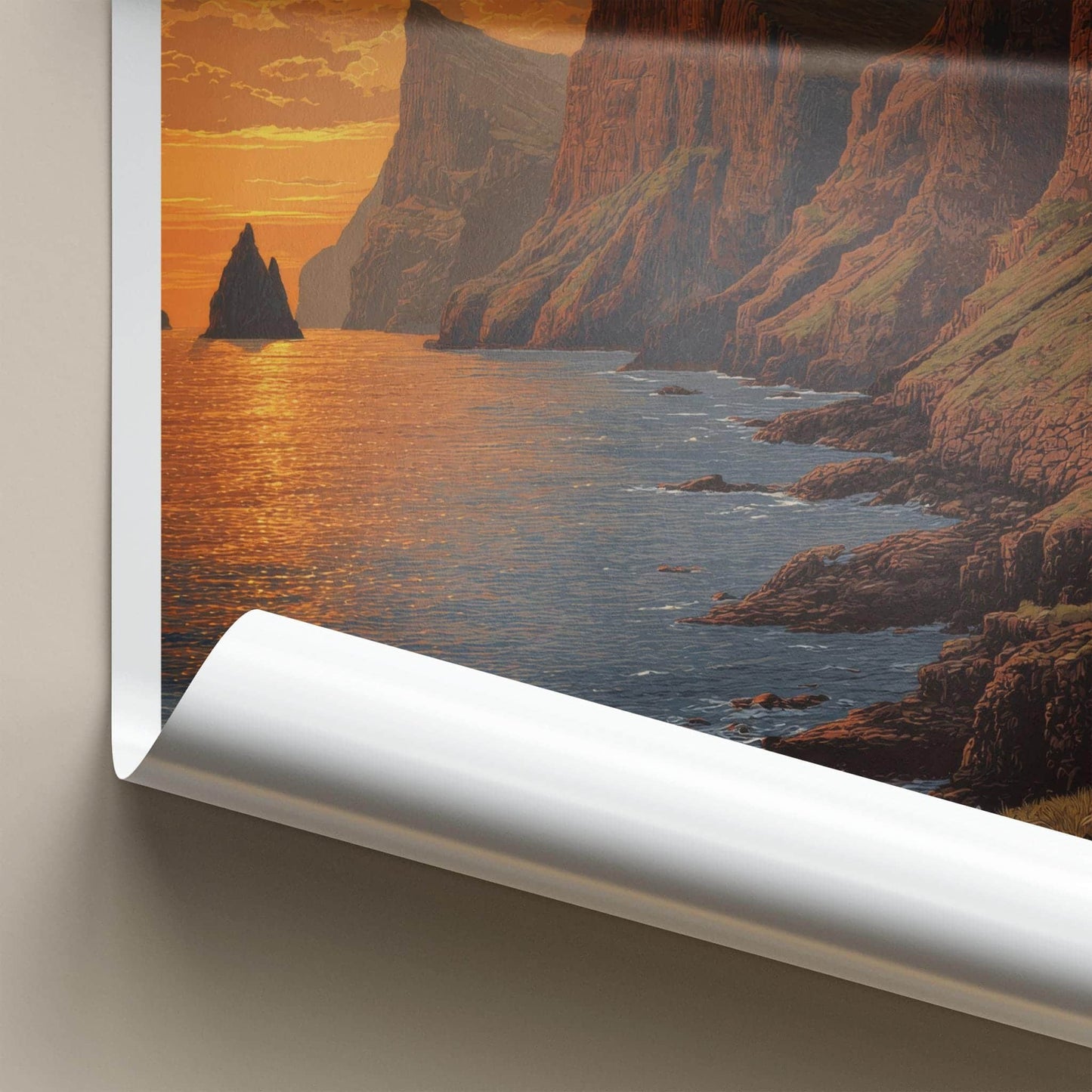 Foroyar Poster - Denmark Travel Art - Sunset Ocean Cliffs Home Decor