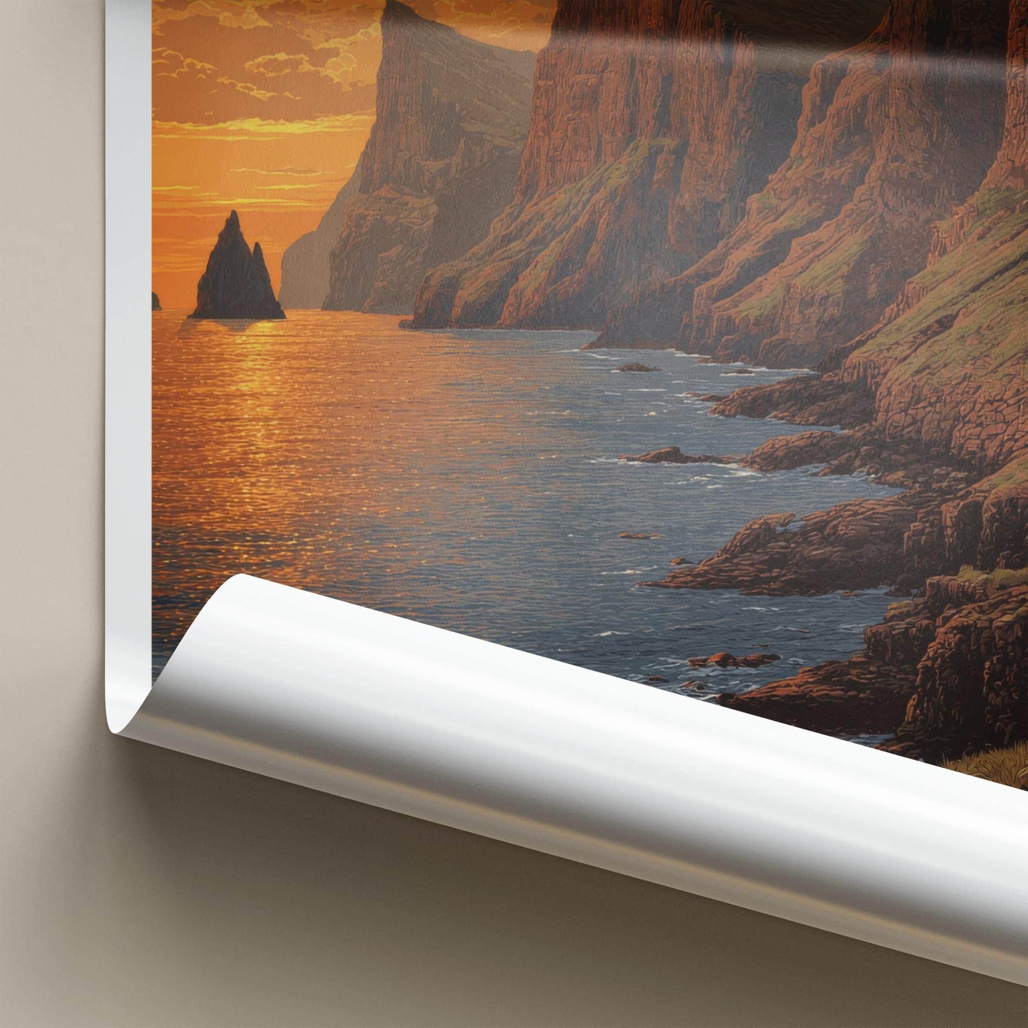 Foroyar Poster - Denmark Travel Art - Sunset Ocean Cliffs Home Decor