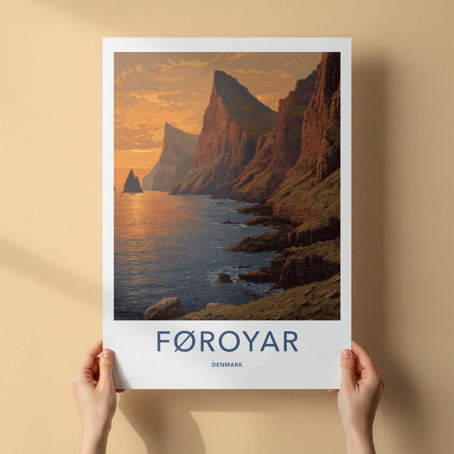 Foroyar Poster - Denmark Travel Art - Sunset Ocean Cliffs Home Decor