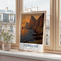 Foroyar Poster - Denmark Travel Art - Sunset Ocean Cliffs Home Decor