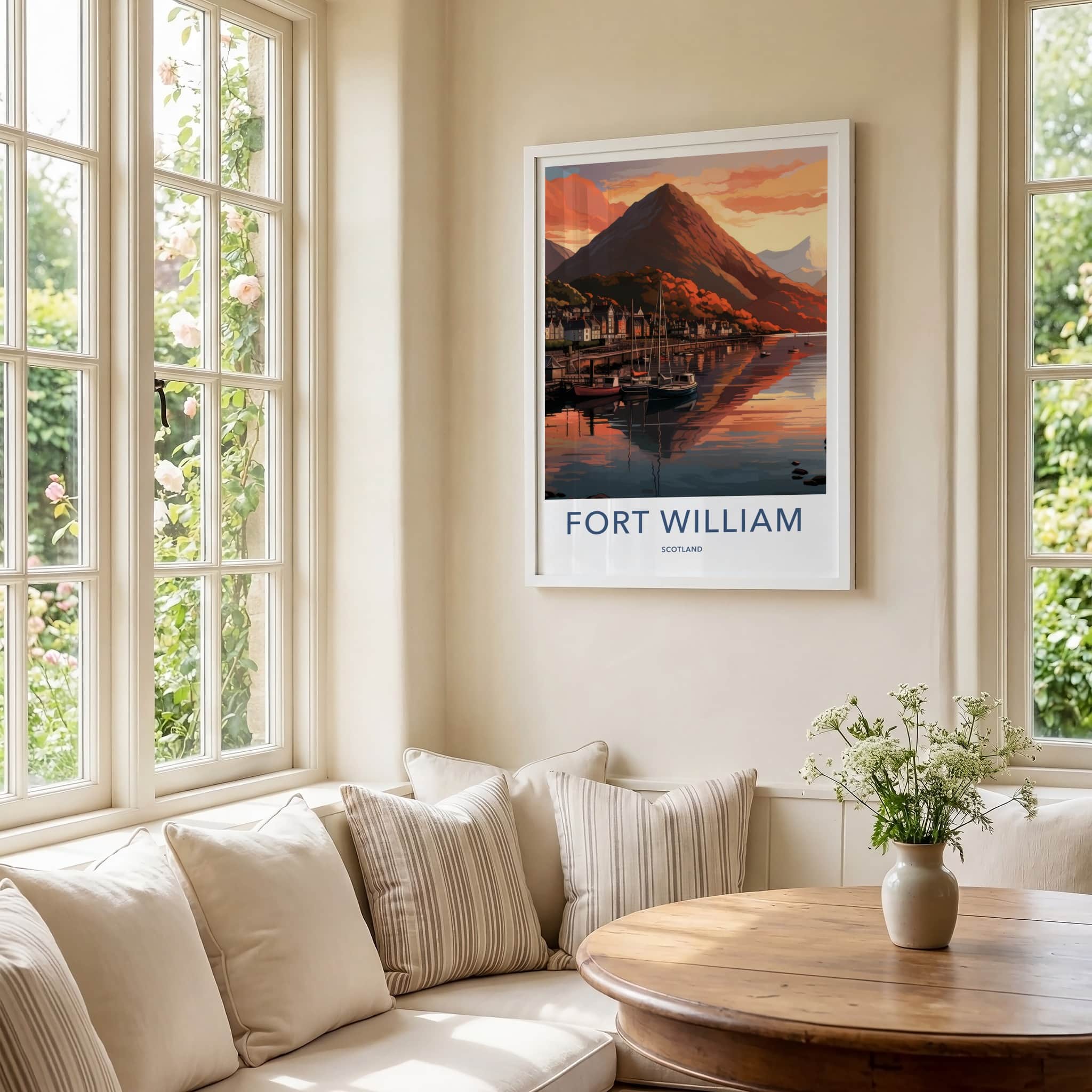 Fort William Poster - Scotland Travel Art - Sunset Mountain Harbor Wall Decor