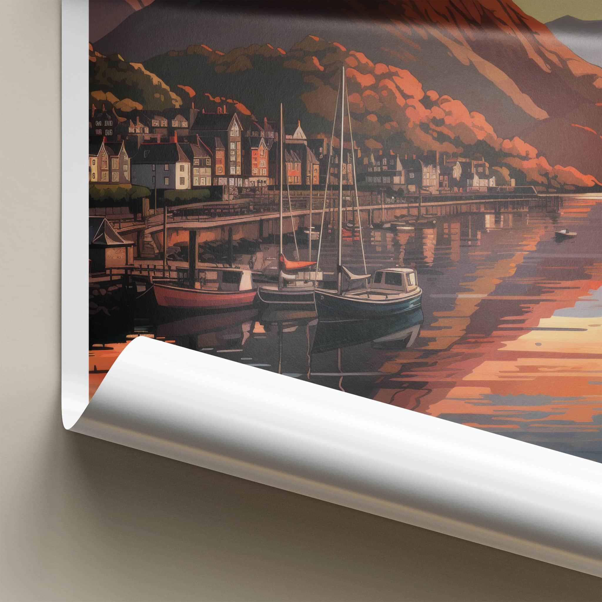 Fort William Poster - Scotland Travel Art - Sunset Mountain Harbor Wall Decor