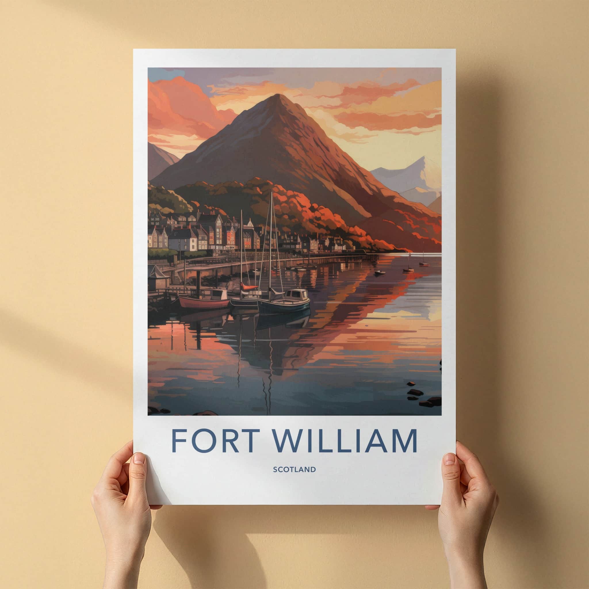 Fort William Poster - Scotland Travel Art - Sunset Mountain Harbor Wall Decor