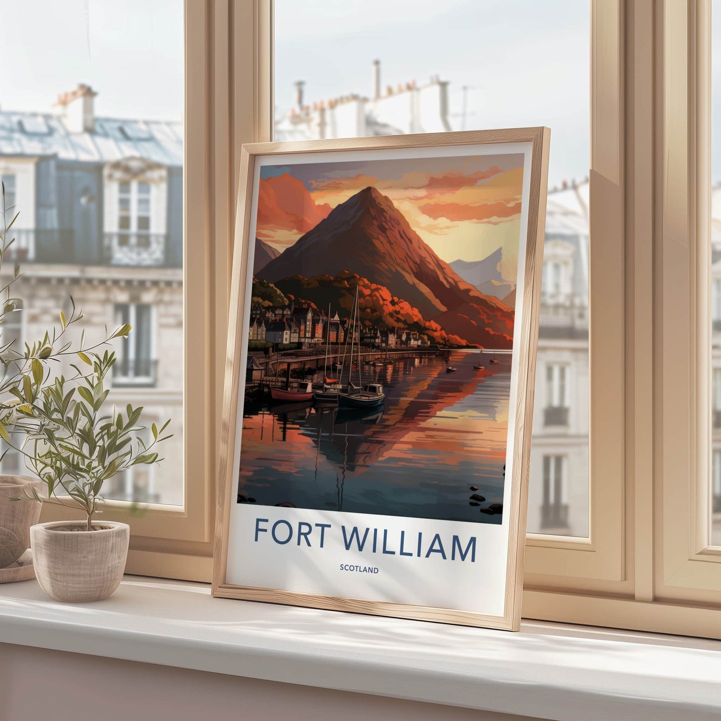 Fort William Poster - Scotland Travel Art - Sunset Mountain Harbor Wall Decor