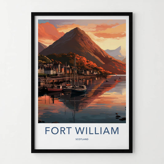 Fort William Poster - Scotland Travel Art - Sunset Mountain Harbor Wall Decor