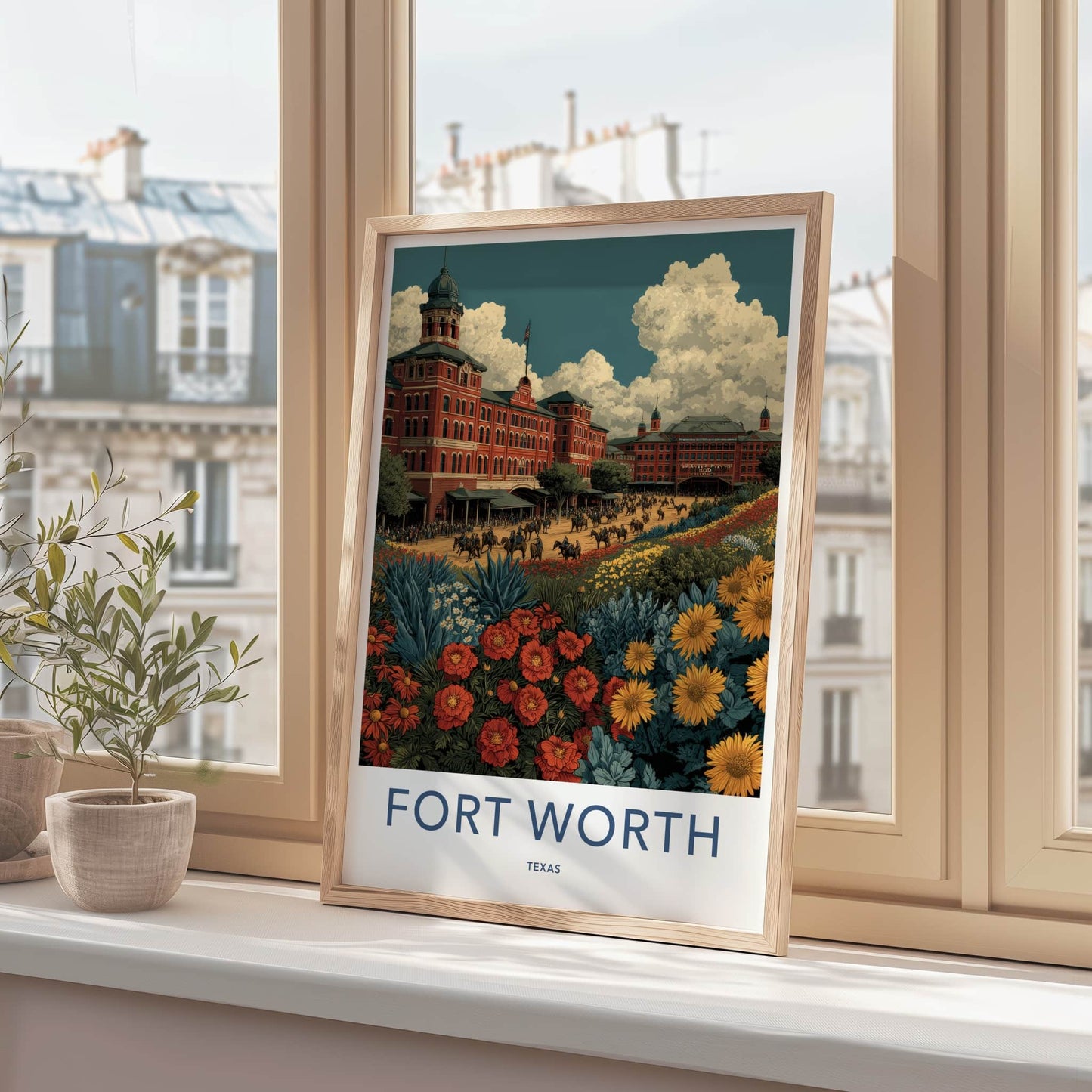 Fort Worth Poster - Texas Travel Art - Historic Stockyards Floral Home Decor