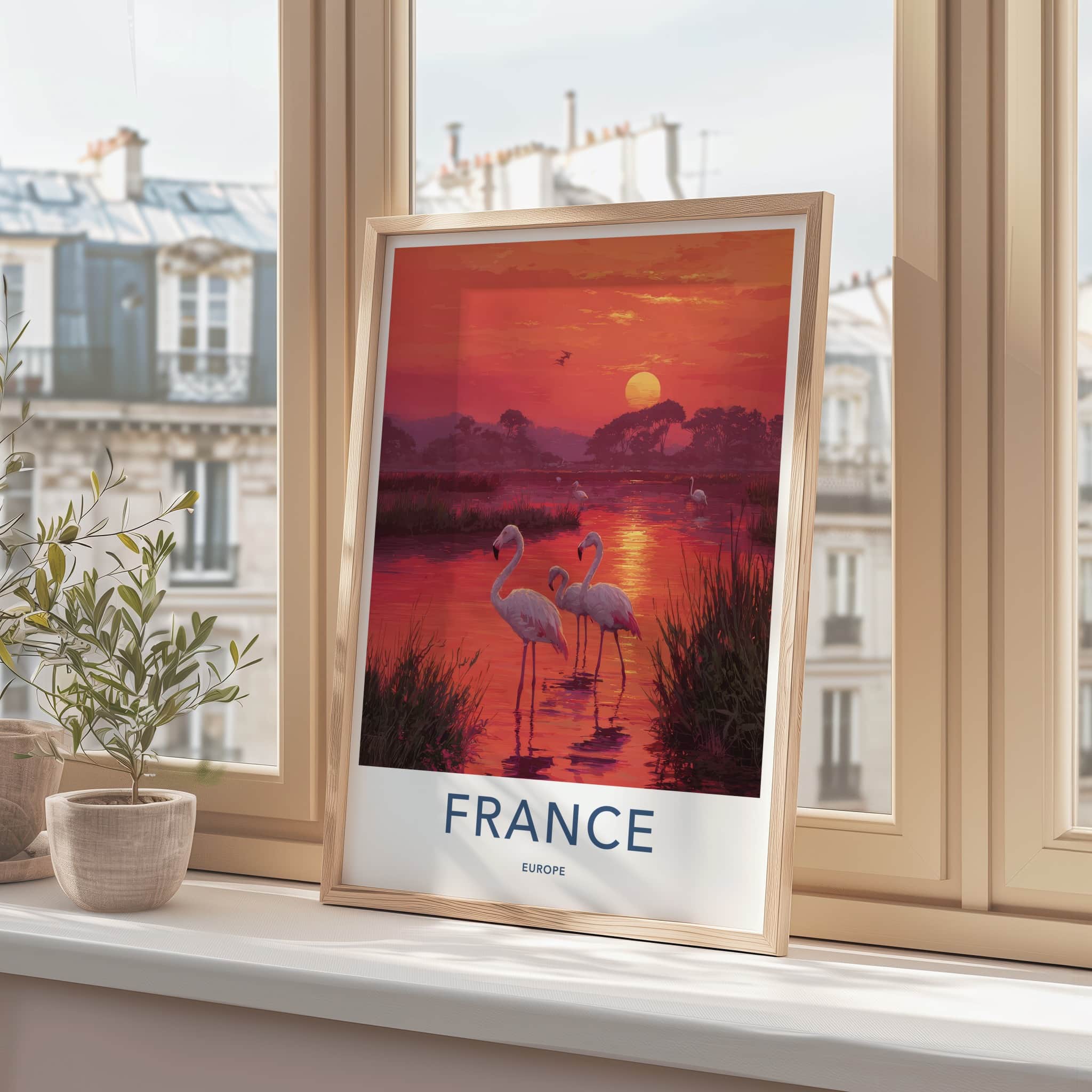 France Poster - France Travel Art - Sunset Flamingos Home Decor