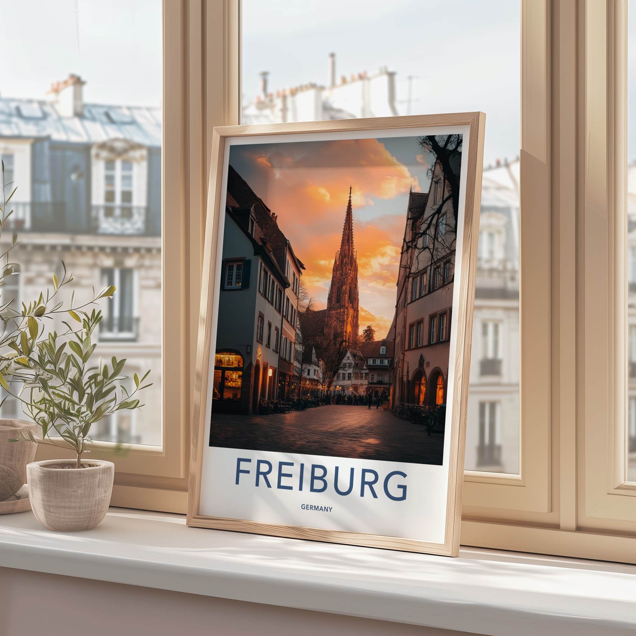 Freiburg Poster - Germany Travel Art - Cathedral Dusk Light Wall Decor